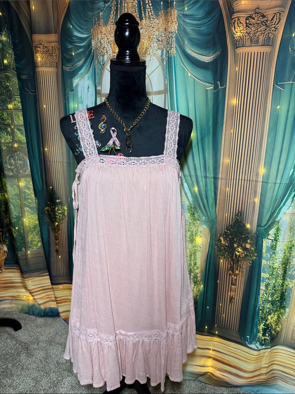 FAVLUX Dusty Pink Lace-Trim Mini Dress